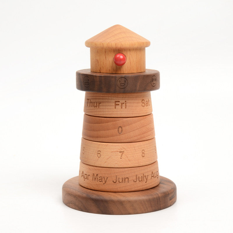 Lighthouse Perpetual Calendar | Walnut & Oak Wood Desk Decor | Mood Day Date Month | Engravable Gift