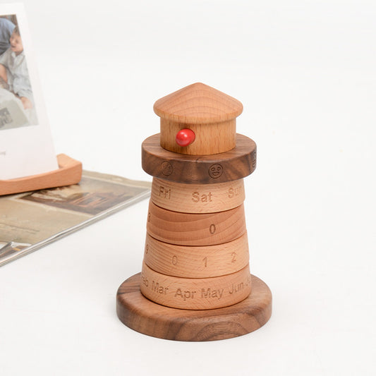 Lighthouse Perpetual Calendar | Walnut & Oak Wood Desk Decor | Mood Day Date Month | Engravable Gift