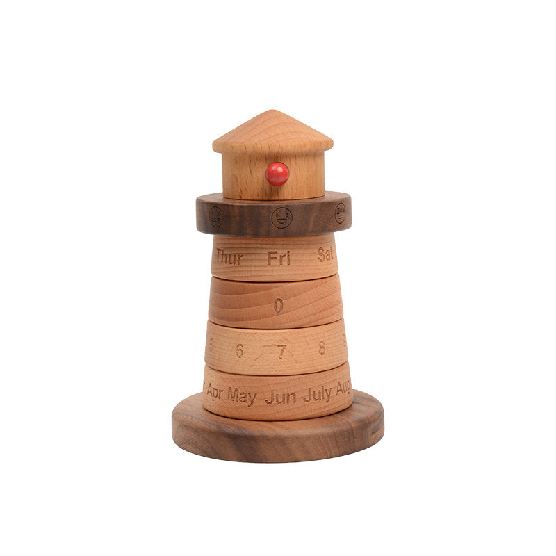 Lighthouse Perpetual Calendar | Walnut & Oak Wood Desk Decor | Mood Day Date Month | Engravable Gift
