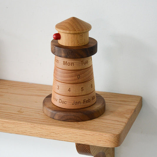 Lighthouse Perpetual Calendar | Walnut & Oak Wood Desk Decor | Mood Day Date Month | Engravable Gift
