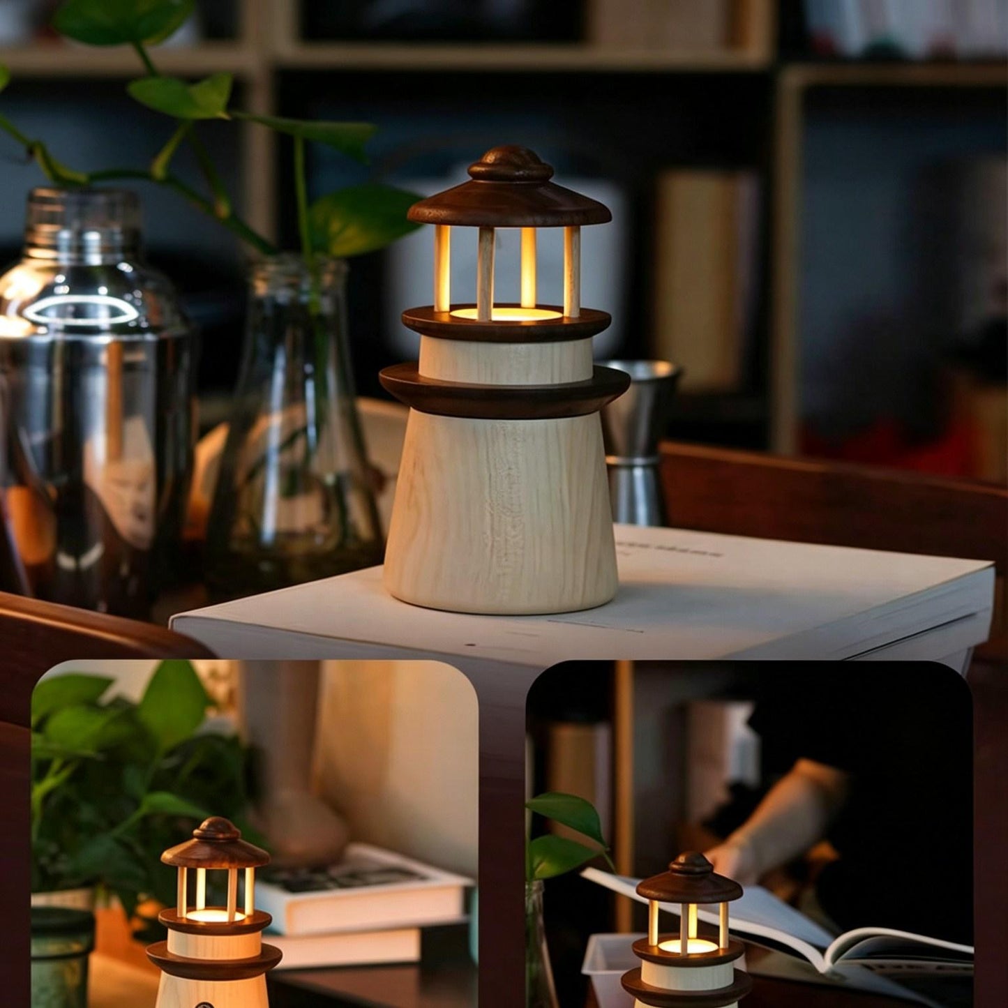 Lighthouse Solid Wood Night Light | Walnut & Maple Desk Lamp | 3 Light Modes | Creative Gift