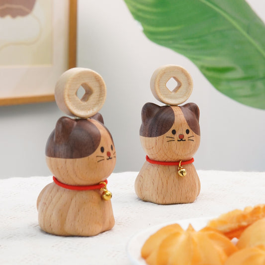 Lucky Fortune Pet Wood Sculpture - Handcrafted Desktop Ornament with Rotating Ingot