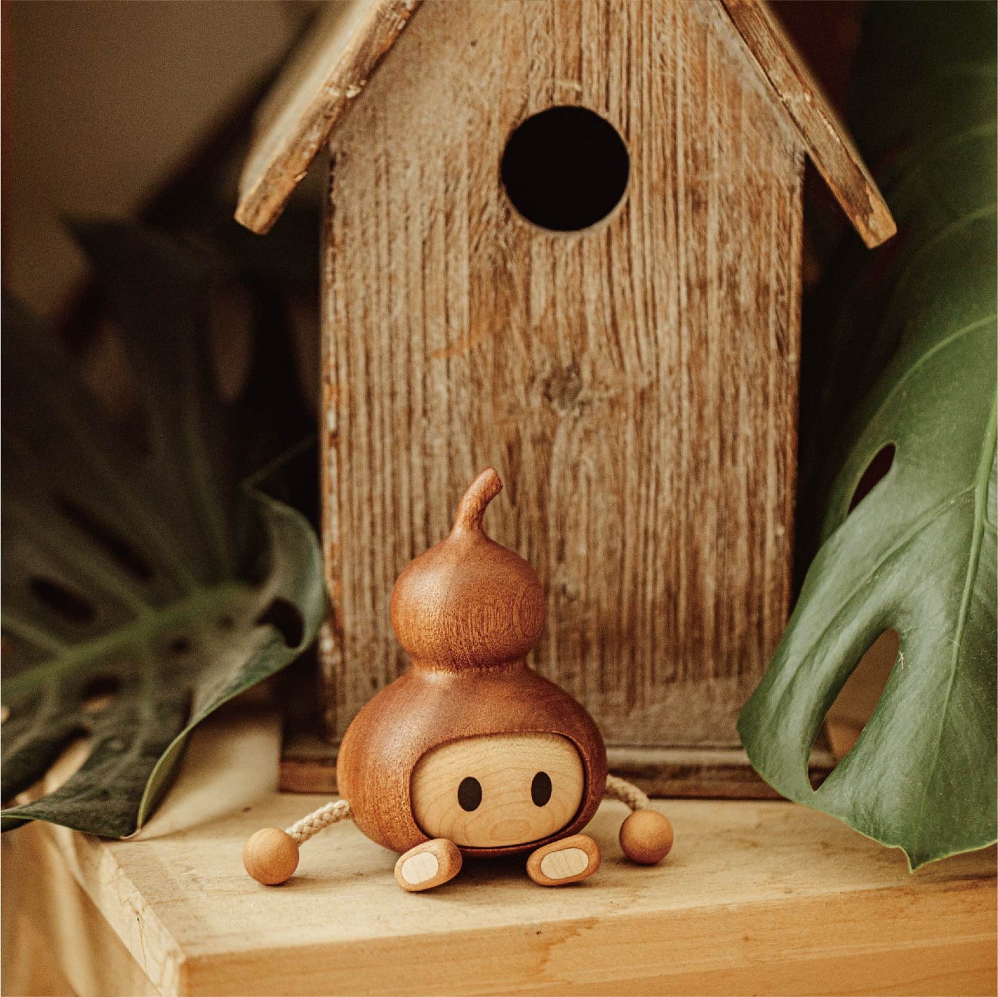 Lucky Gourd Character Wood Sculpture - Handcrafted Desktop Ornament