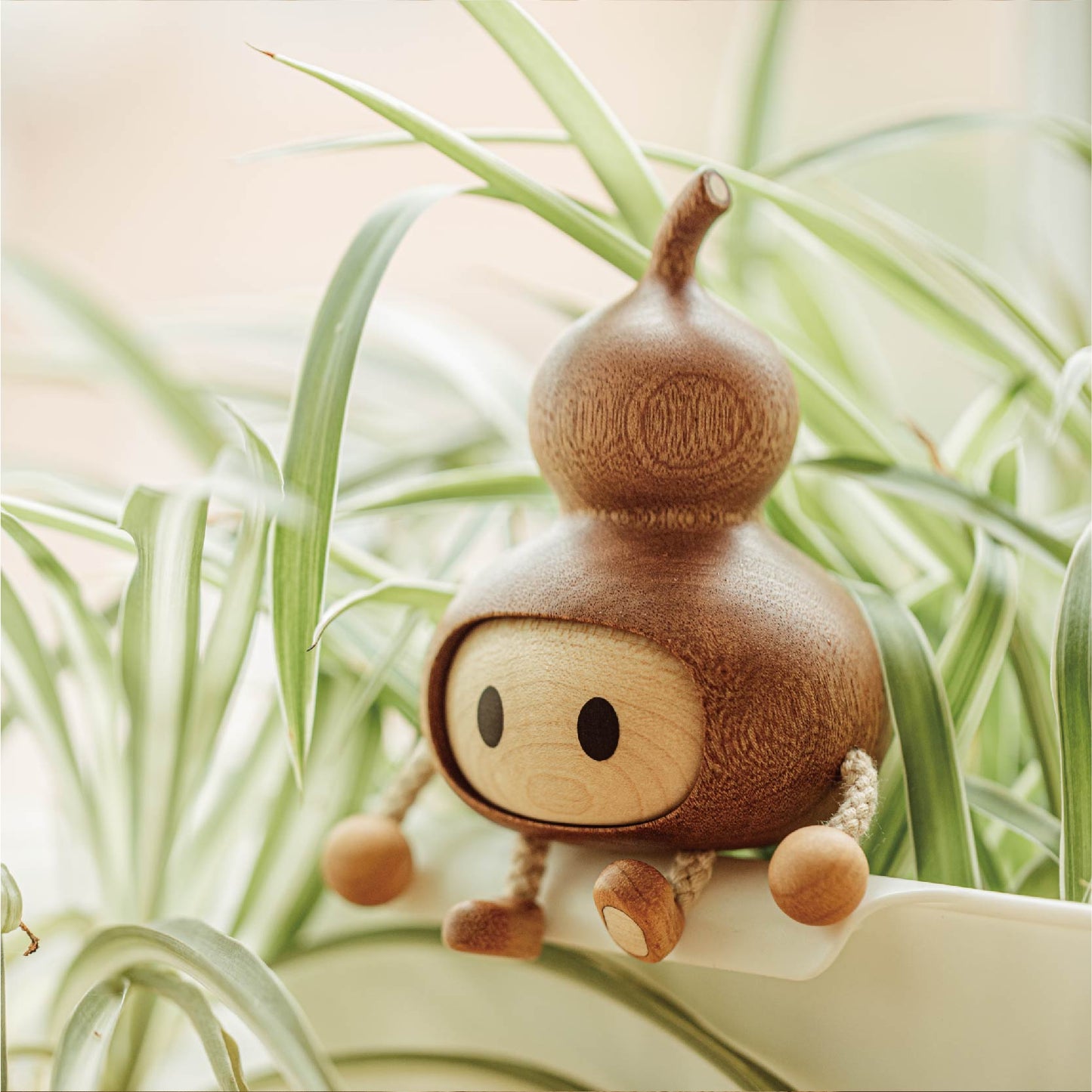 Lucky Gourd Character Wood Sculpture - Handcrafted Desktop Ornament