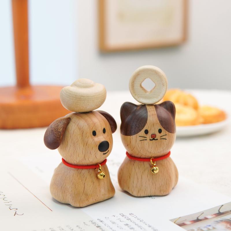 Lucky Fortune Pet Wood Sculpture - Handcrafted Desktop Ornament with Rotating Ingot