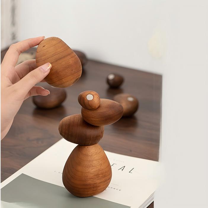 Magnetic Balance Stone Sculpture - Handcrafted Solid Wood Art