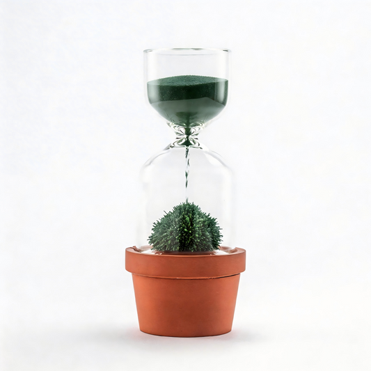Glass hourglass with sand and a potted plant on a white background