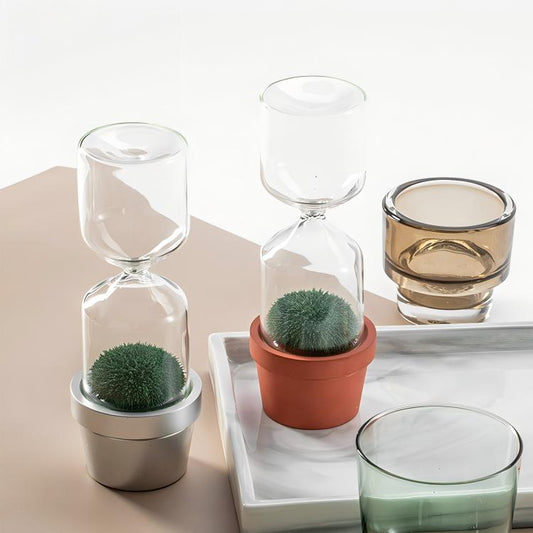 Decorative glass containers with plants on a neutral background