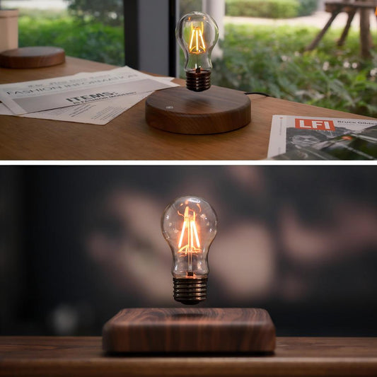 Light bulb on a wooden base with a blurred outdoor background