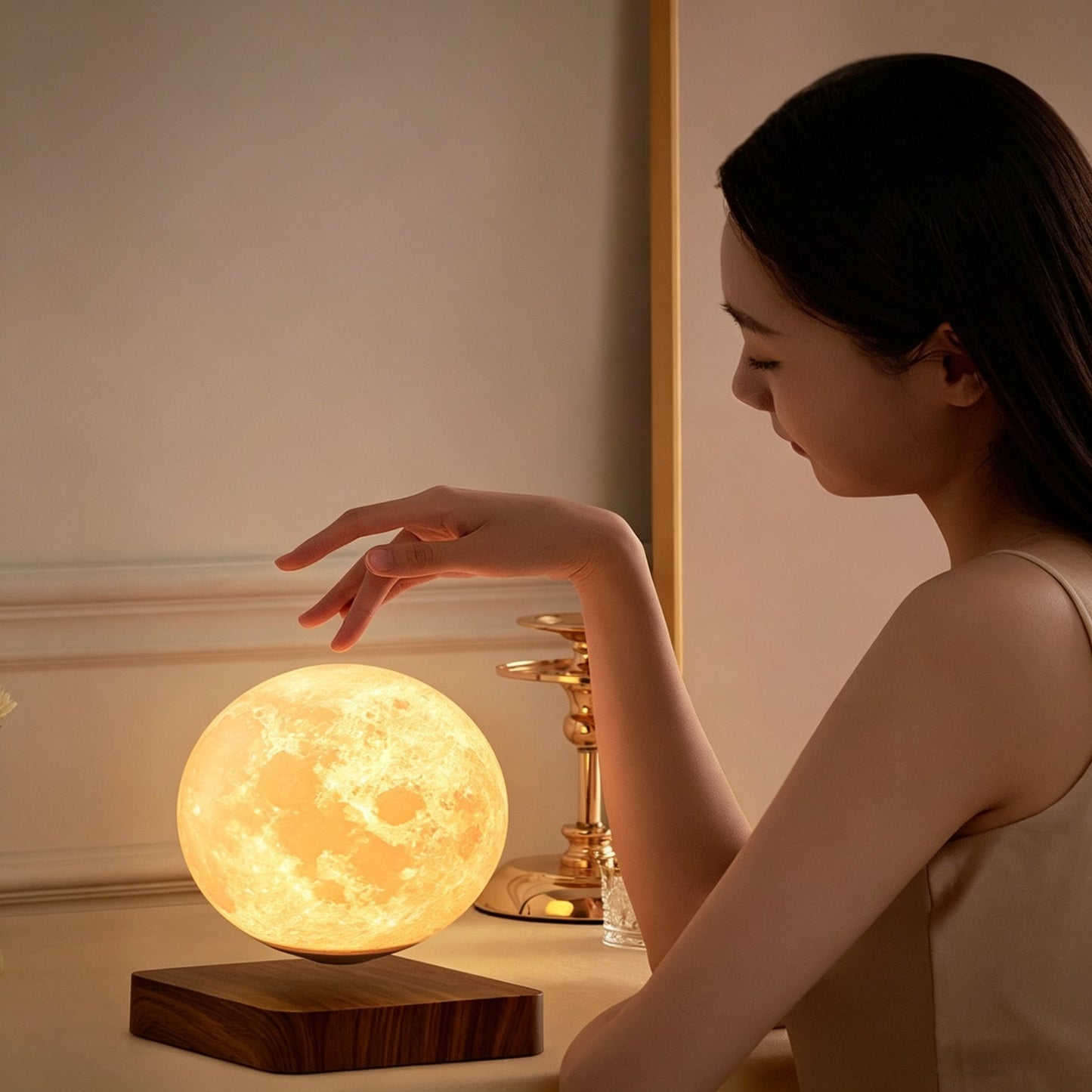 Magnetic Levitation Moon Lamp | 3-Level Warm Dimmer | Walnut Base | Engravable Night Light