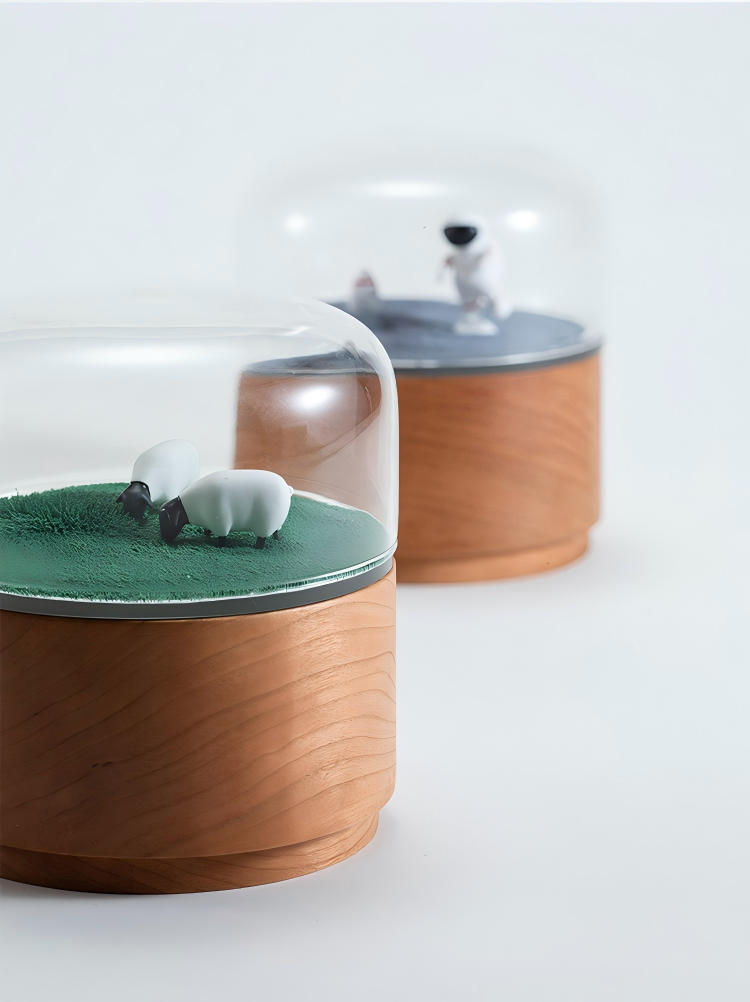 Magnetic Scene Music Box | Cherry Wood & Glass Dome | Meadow Space Ocean | Engravable Gift
