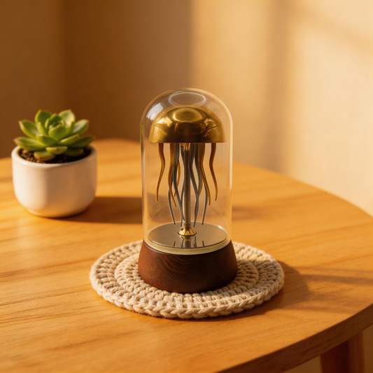 Mini Mechanical Jellyfish | Copper & Walnut Kinetic Desk Sculpture | Stress Relief Gift