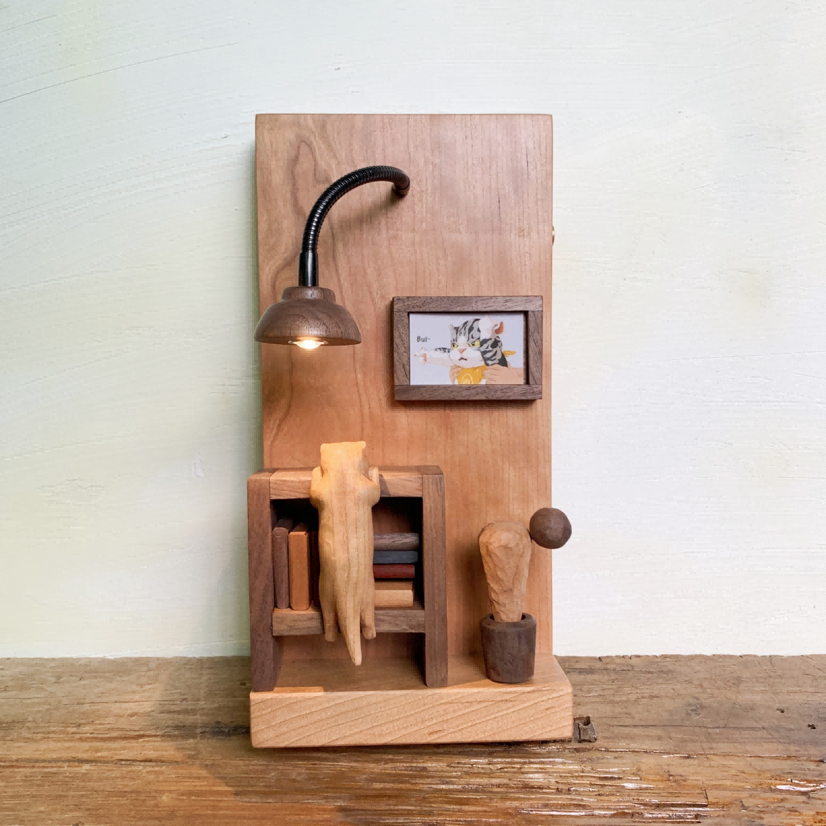 Miniature Study Room Night Light | Cherry Wood & Walnut Desk Scene | Engravable Rechargeable Wall or Desk Decor
