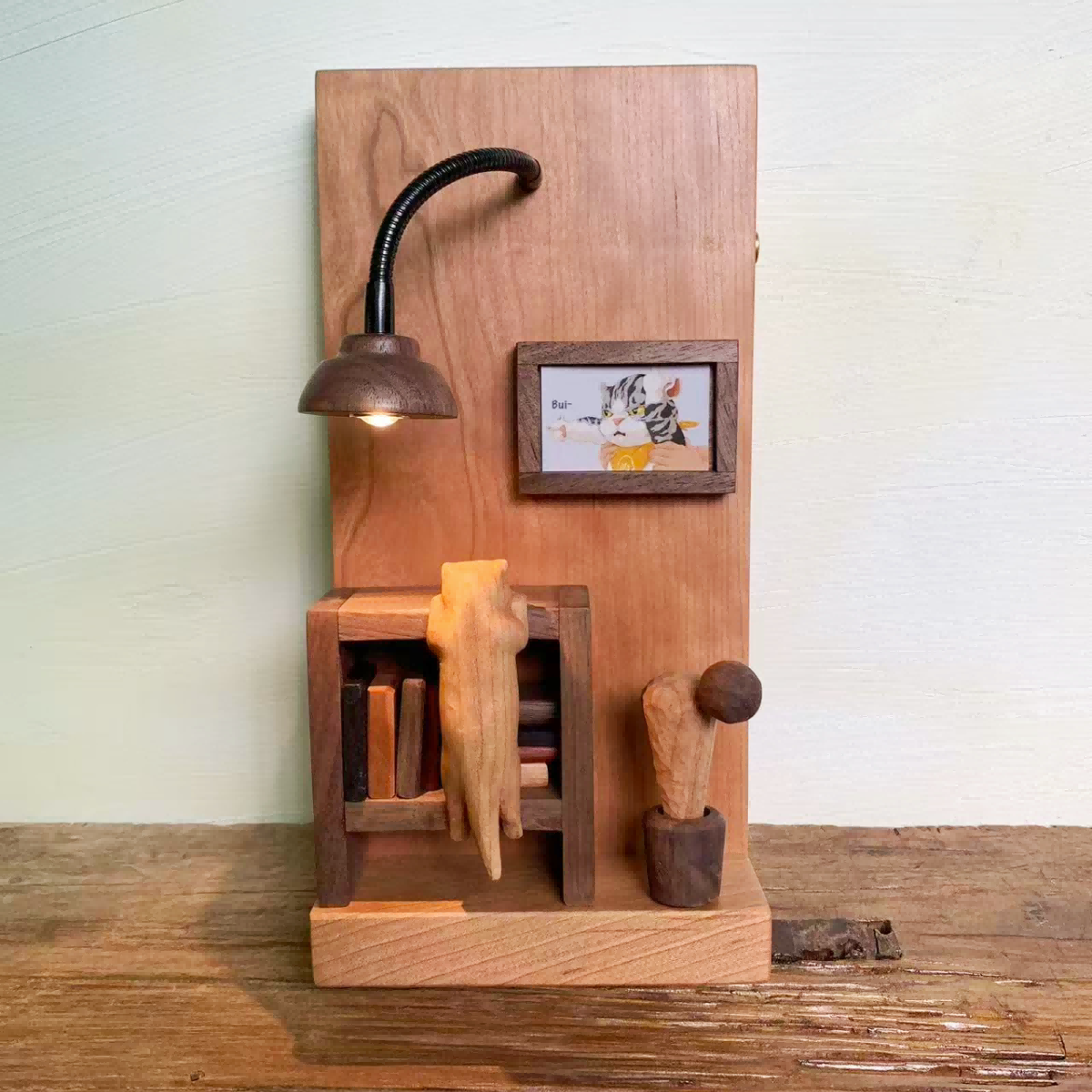 Miniature Study Room Night Light | Cherry Wood & Walnut Desk Scene | Engravable Rechargeable Wall or Desk Decor