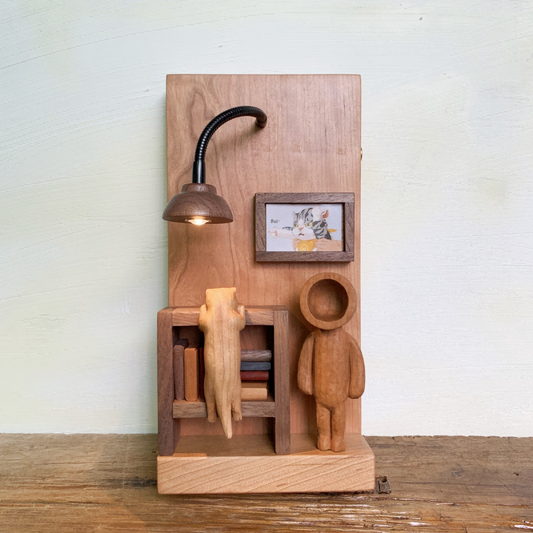 Miniature Study Room Night Light | Cherry Wood & Walnut Desk Scene | Engravable Rechargeable Wall or Desk Decor