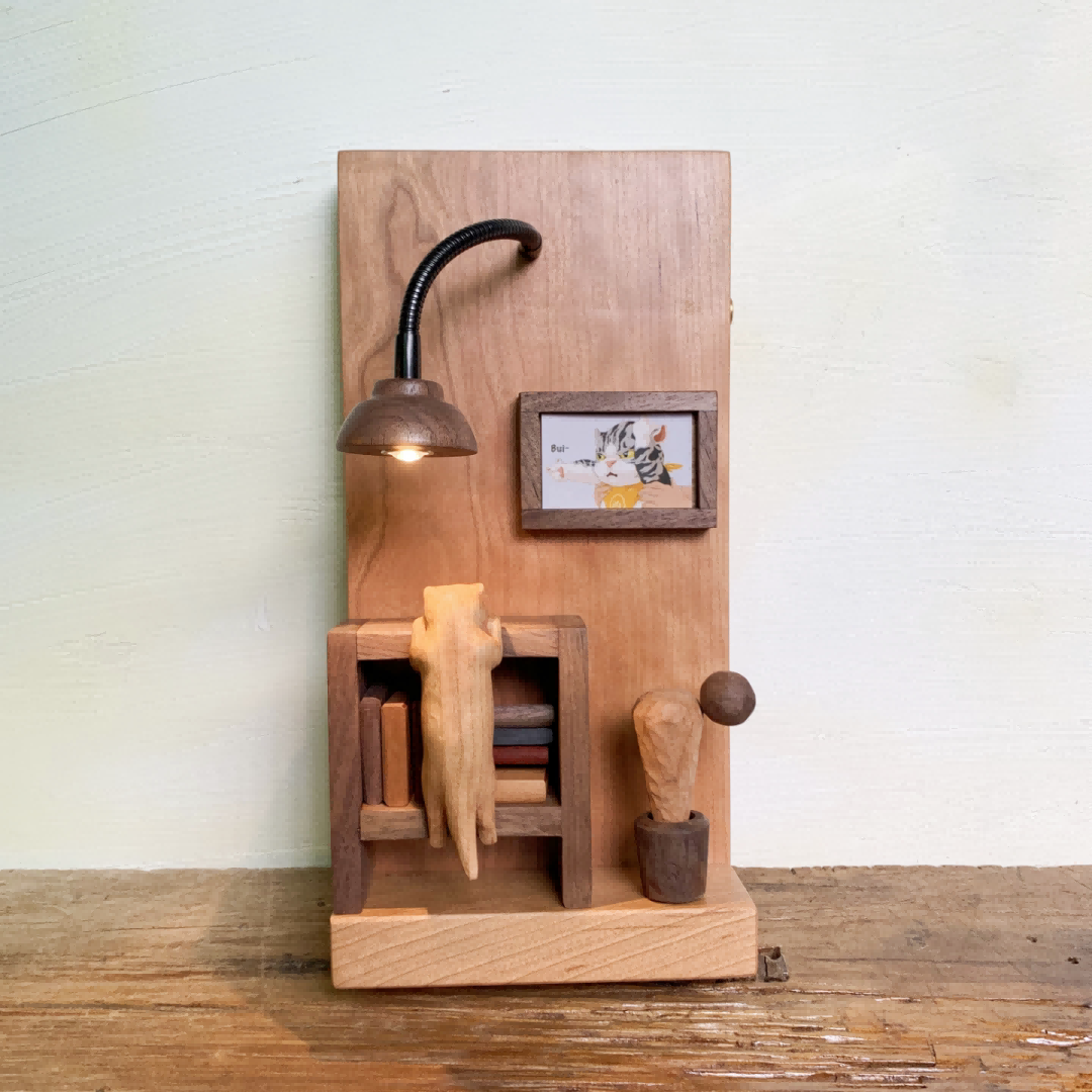 Miniature Study Room Night Light | Cherry Wood & Walnut Desk Scene | Engravable Rechargeable Wall or Desk Decor