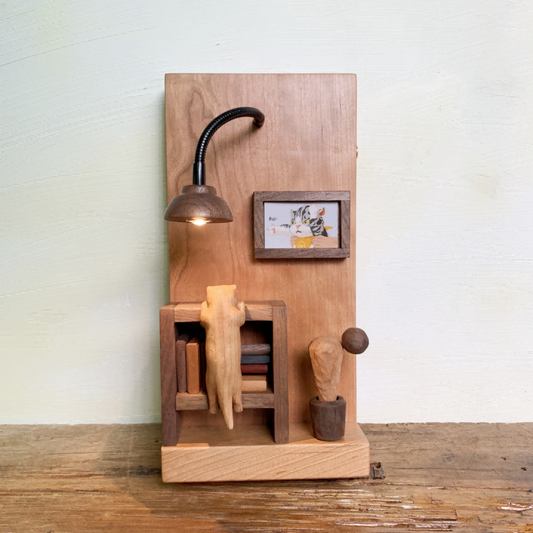 Miniature Study Room Night Light | Cherry Wood & Walnut Desk Scene | Engravable Rechargeable Wall or Desk Decor