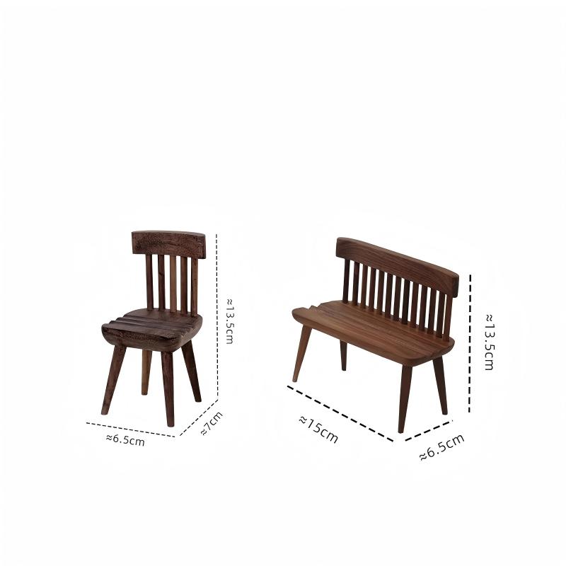 Miniature Walnut Chair & Bench Set | Solid Wood Figurine Display Stand | Desk Sculpture Decor