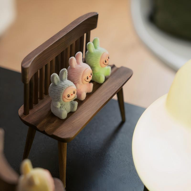 Miniature Walnut Chair & Bench Set | Solid Wood Figurine Display Stand | Desk Sculpture Decor