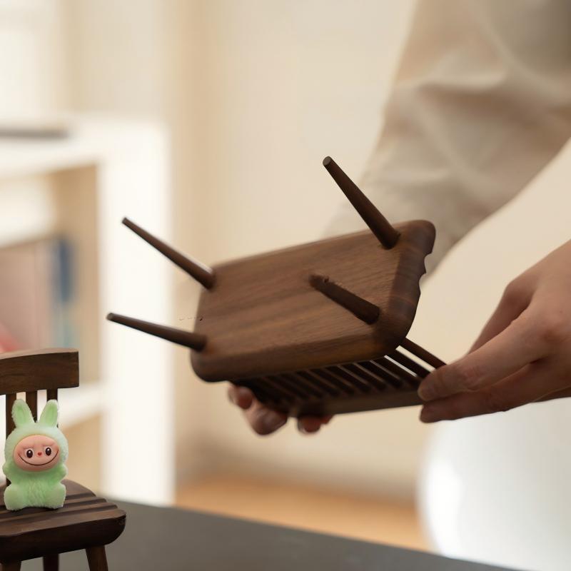 Miniature Walnut Chair & Bench Set | Solid Wood Figurine Display Stand | Desk Sculpture Decor