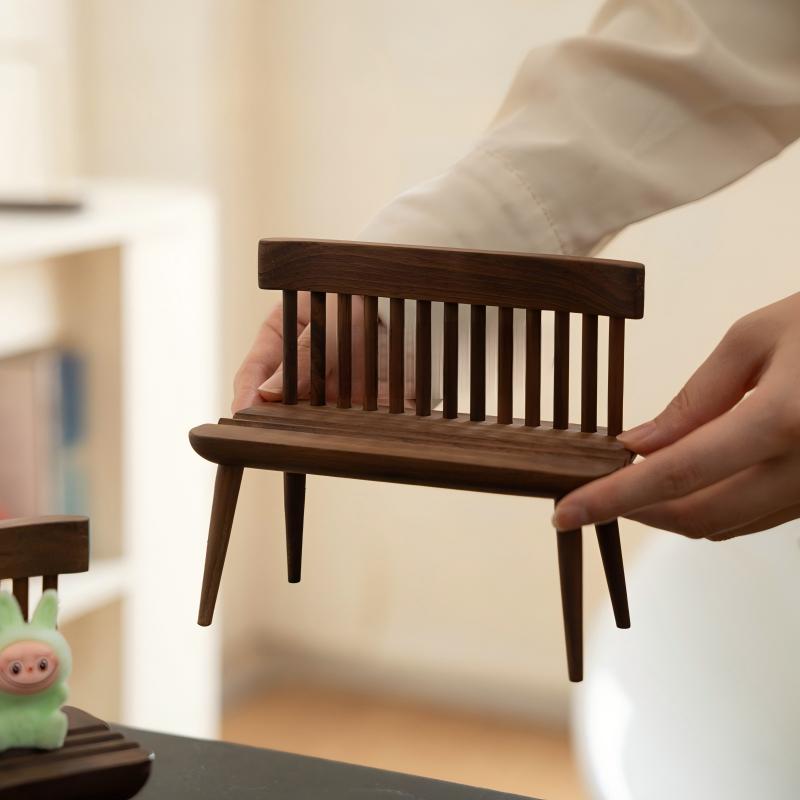 Miniature Walnut Chair & Bench Set | Solid Wood Figurine Display Stand | Desk Sculpture Decor