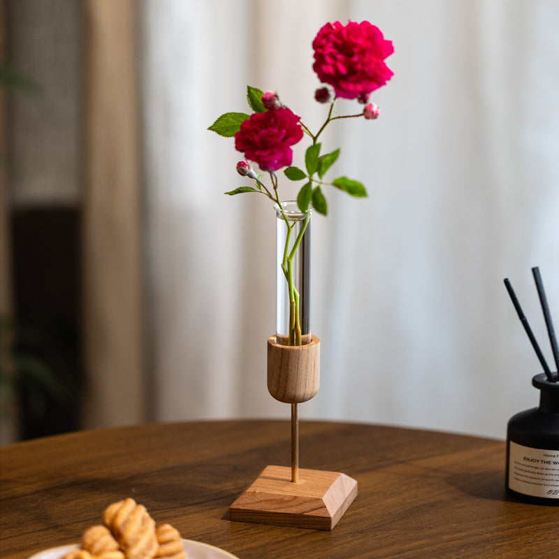Minimalist Wood & Glass Vase Set | Modern Desktop Flower Holder