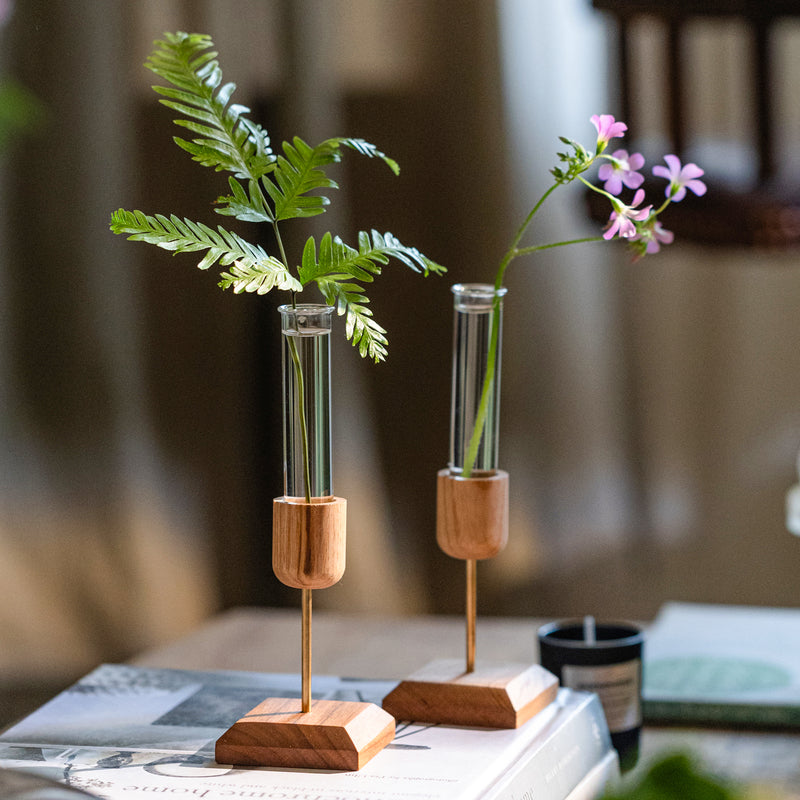 Minimalist Wood & Glass Vase Set | Modern Desktop Flower Holder
