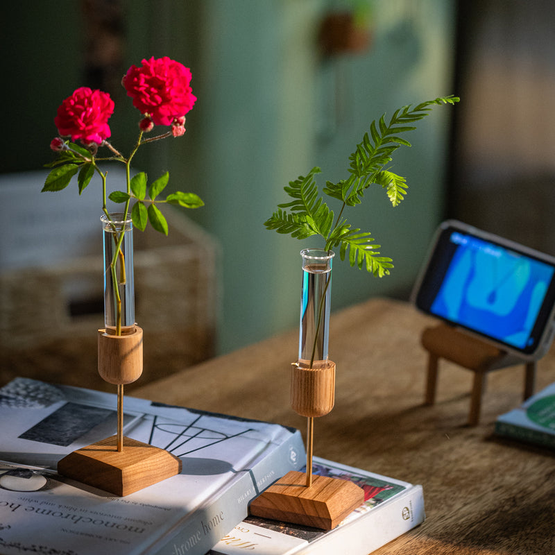 Minimalist Wood & Glass Vase Set | Modern Desktop Flower Holder