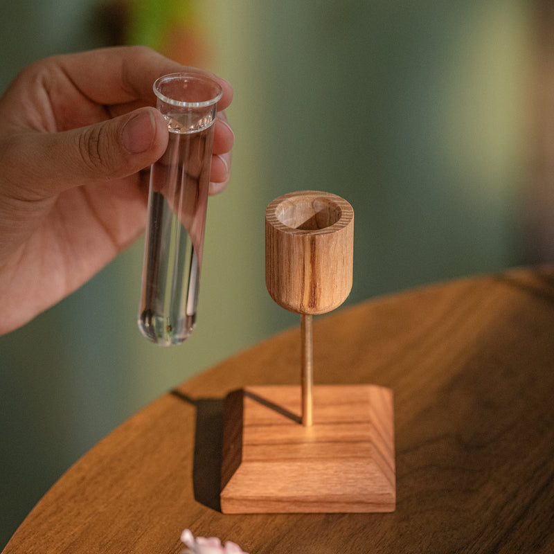 Minimalist Wood & Glass Vase Set | Modern Desktop Flower Holder