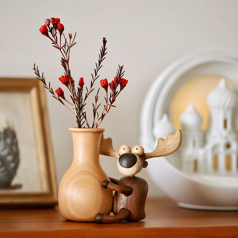 Moose Wood Vase Holder - Handcrafted Desktop Ornament & Flower Display