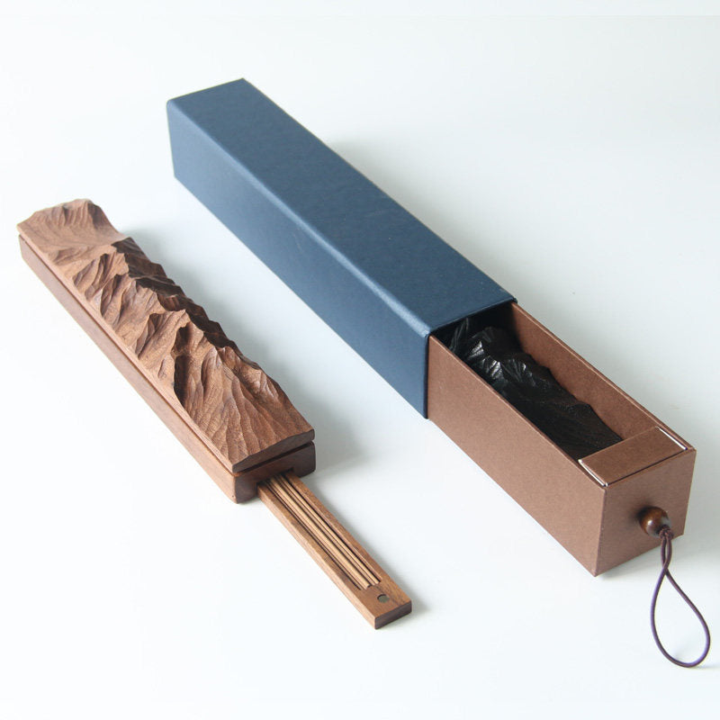 Mountain Ridge Hand-Carved Wood Incense Holder | Zen Tea Room Desk Sculpture | Engravable Gift