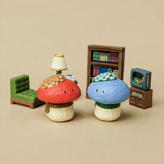Hand-Carved Mushroom Figurine & Keychain, Faceted Folk Art Wood Decor, Cozy Miniature Gift