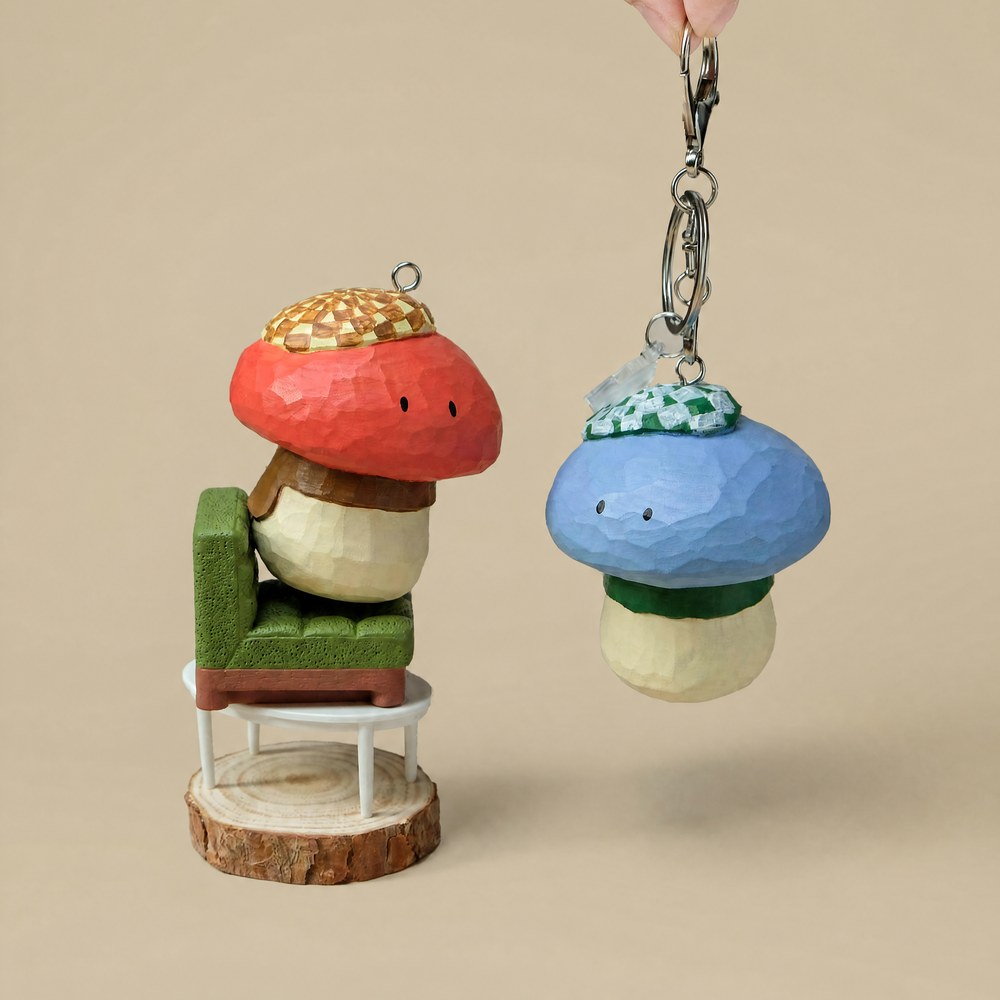 Hand-Carved Mushroom Figurine & Keychain, Faceted Folk Art Wood Decor, Cozy Miniature Gift