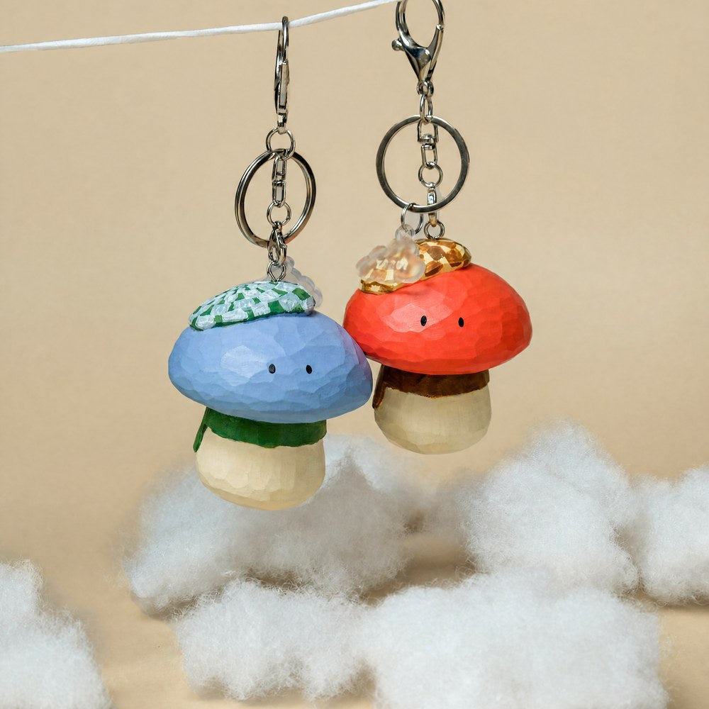 Hand-Carved Mushroom Figurine & Keychain, Faceted Folk Art Wood Decor, Cozy Miniature Gift