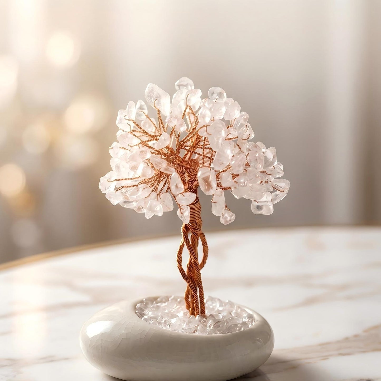 Natural White Crystal Tree of Life | Hand-Woven Copper Wire | Crackle Glaze Ceramic Base | Energy Decor
