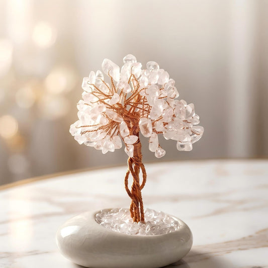 Natural White Crystal Tree of Life | Hand-Woven Copper Wire | Crackle Glaze Ceramic Base | Energy Decor