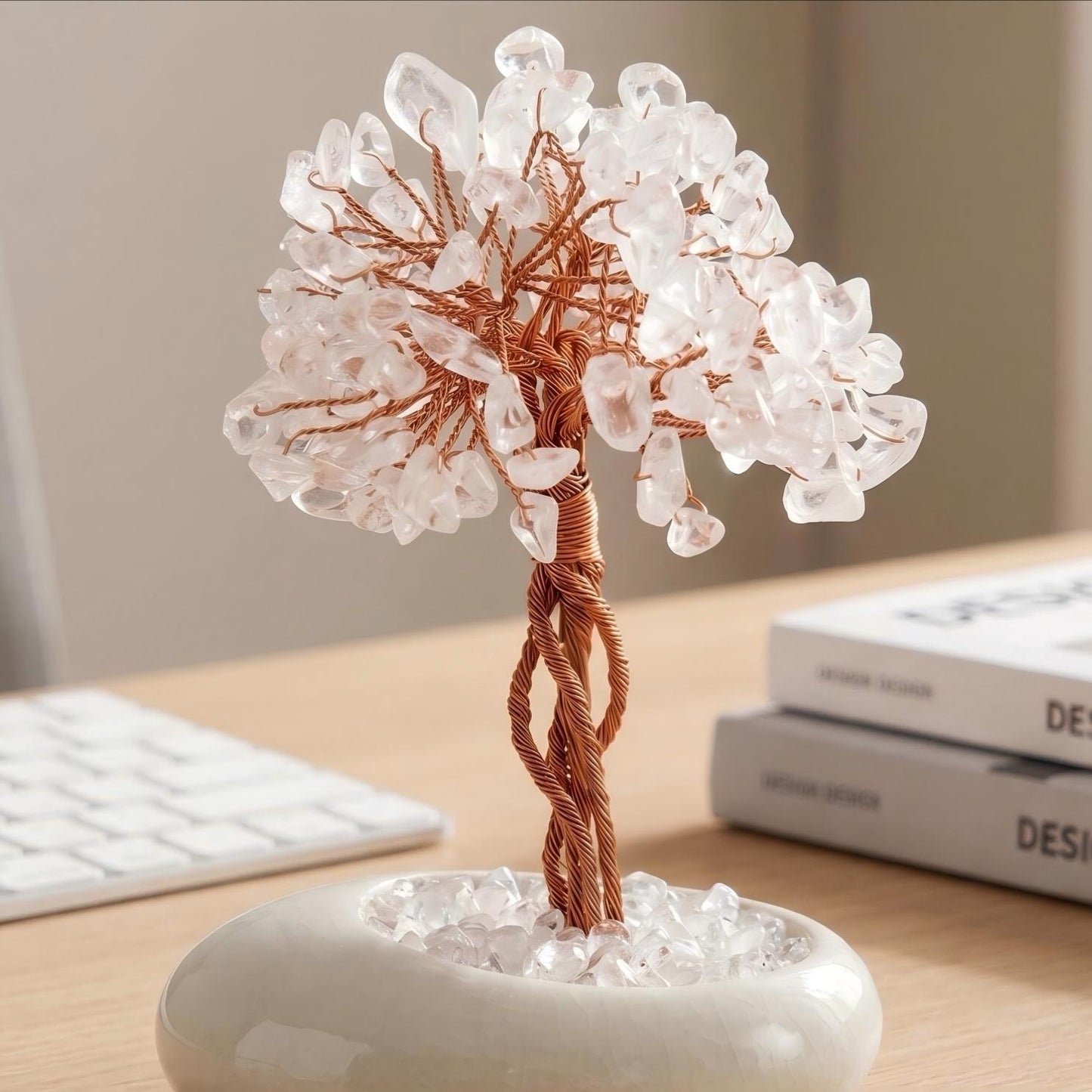 Natural White Crystal Tree of Life | Hand-Woven Copper Wire | Crackle Glaze Ceramic Base | Energy Decor