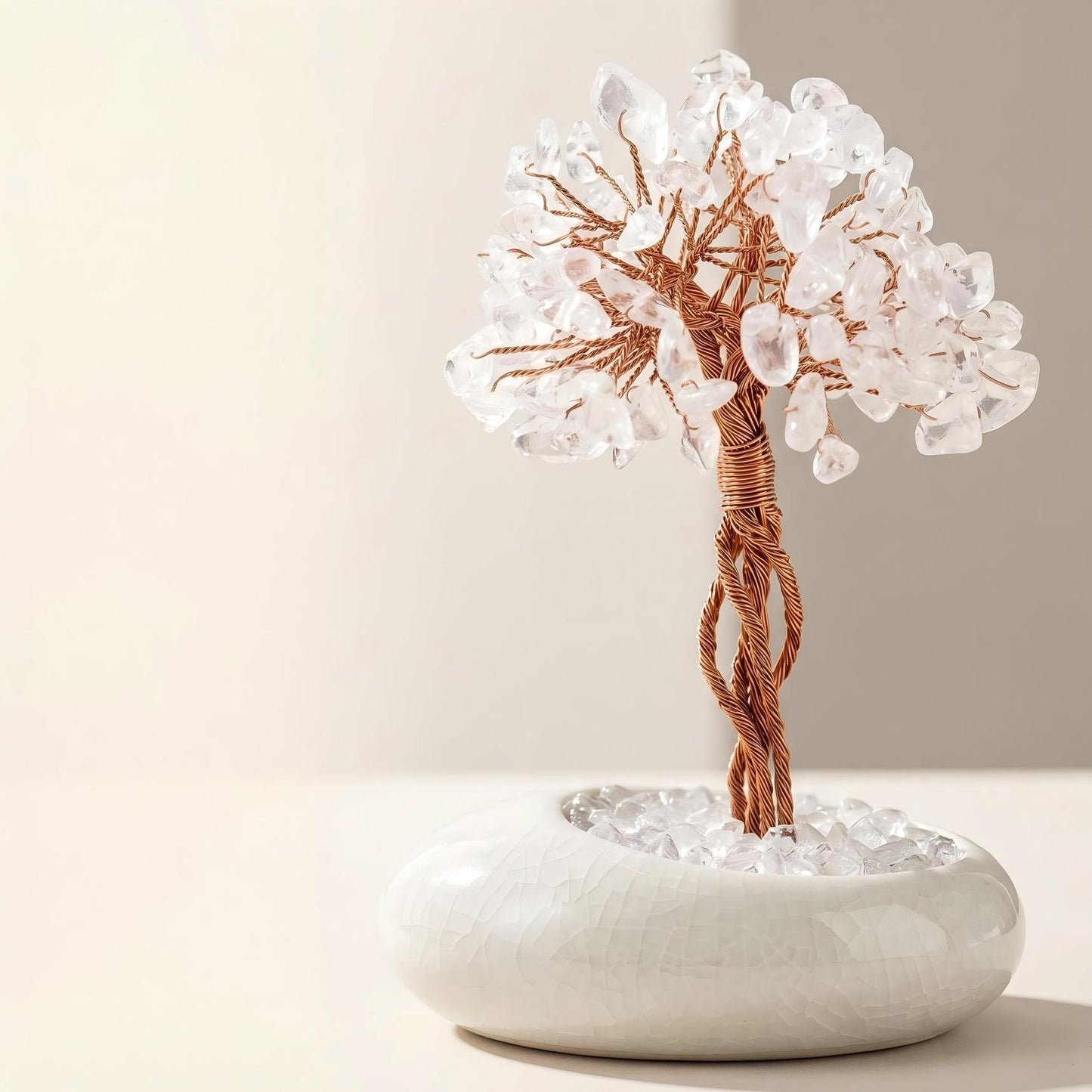 Natural White Crystal Tree of Life | Hand-Woven Copper Wire | Crackle Glaze Ceramic Base | Energy Decor