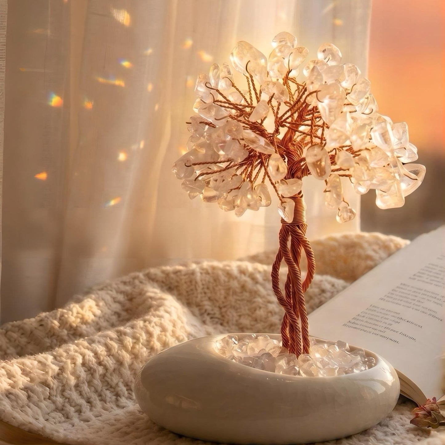 Natural White Crystal Tree of Life | Hand-Woven Copper Wire | Crackle Glaze Ceramic Base | Energy Decor