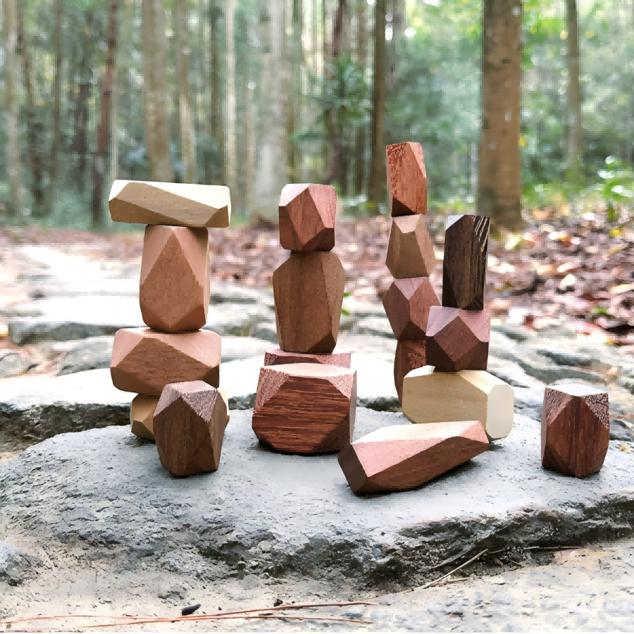 Natural Wood Stacking Stone Blocks | 18-Piece or 9-Piece Large | Engravable Zen Desk Balancing Set