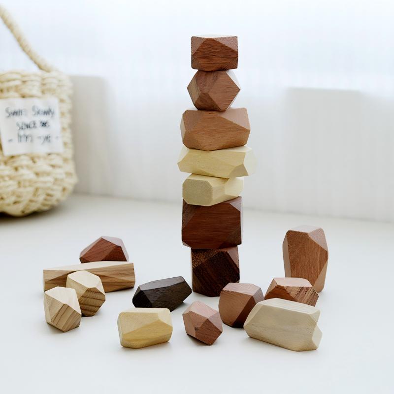 Natural Wood Stacking Stone Blocks | 18-Piece or 9-Piece Large | Engravable Zen Desk Balancing Set