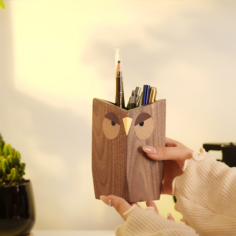Owl Black Walnut Wood Pen Holder |Desk Organizer | Wisdom Symbol Gift