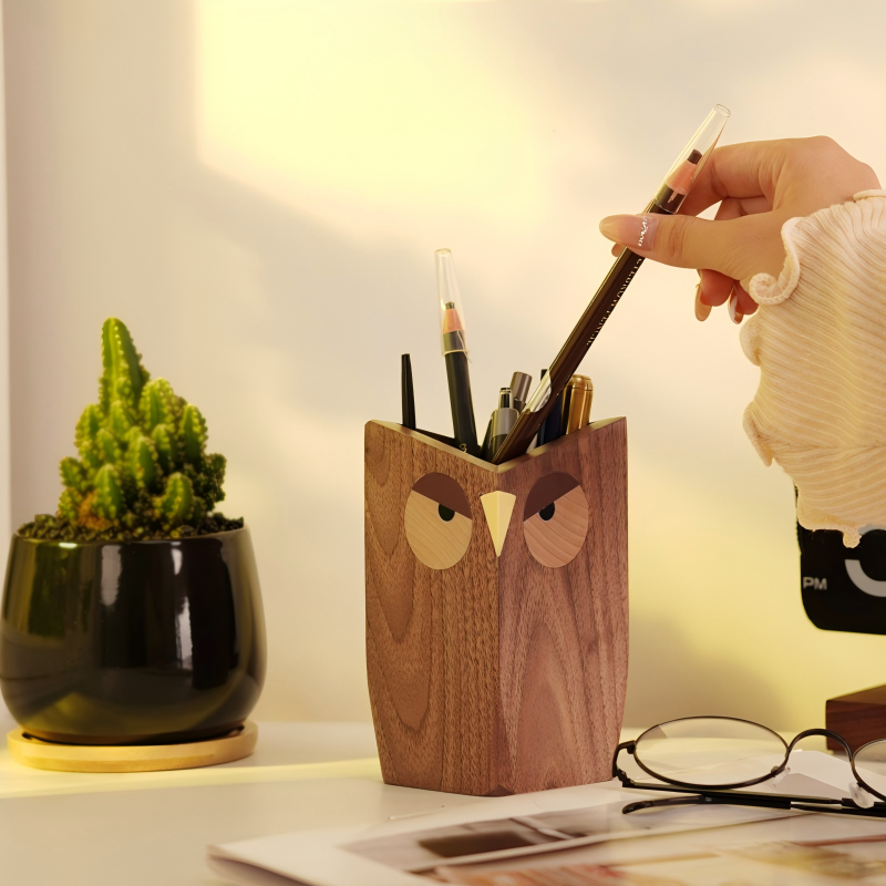 Owl Black Walnut Wood Pen Holder |Desk Organizer | Wisdom Symbol Gift