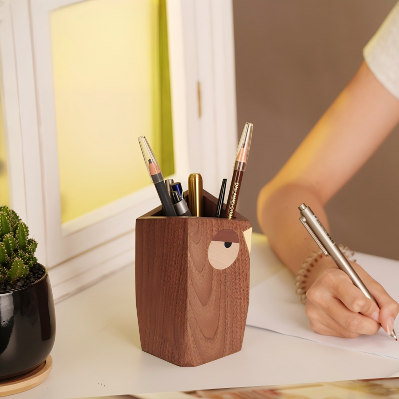 Owl Black Walnut Wood Pen Holder |Desk Organizer | Wisdom Symbol Gift