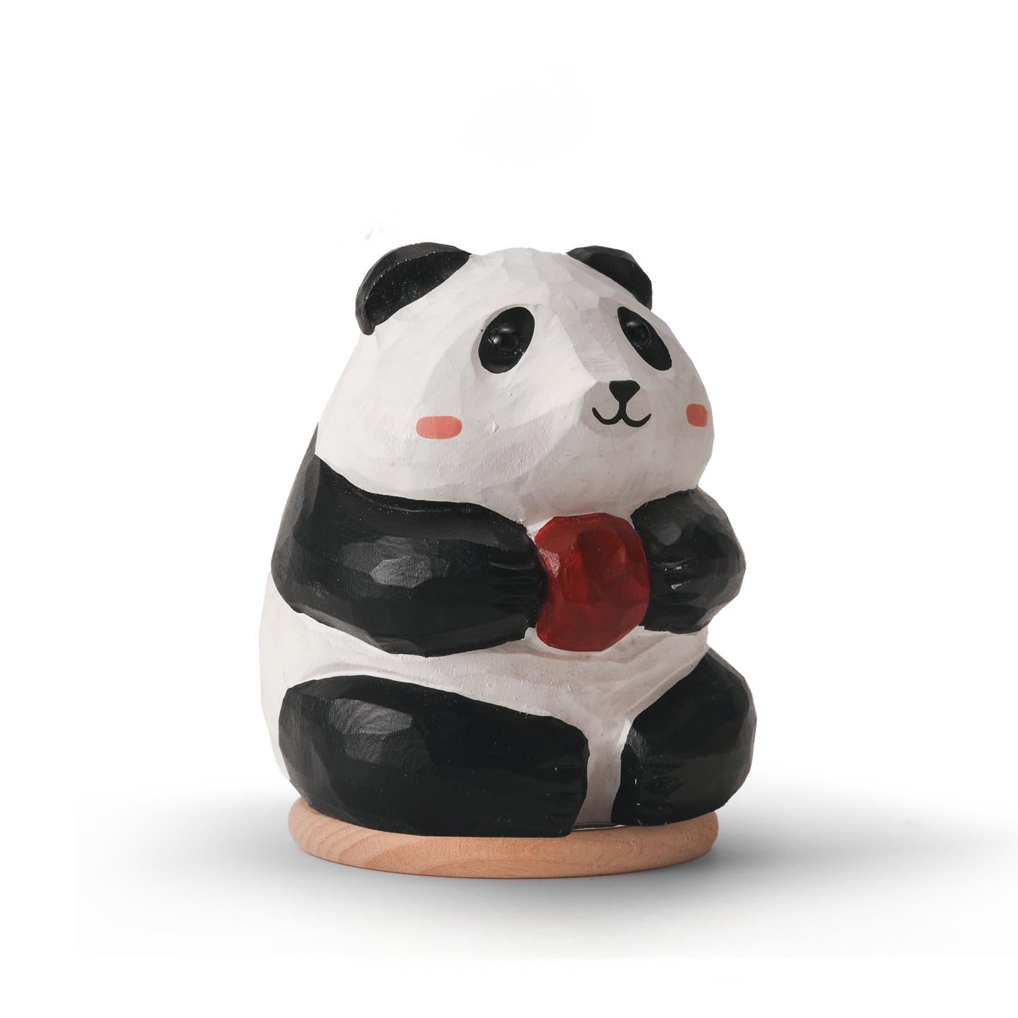 Panda Wood Sculpture with Straw Hat - Handcrafted Desktop Ornament with Custom Base