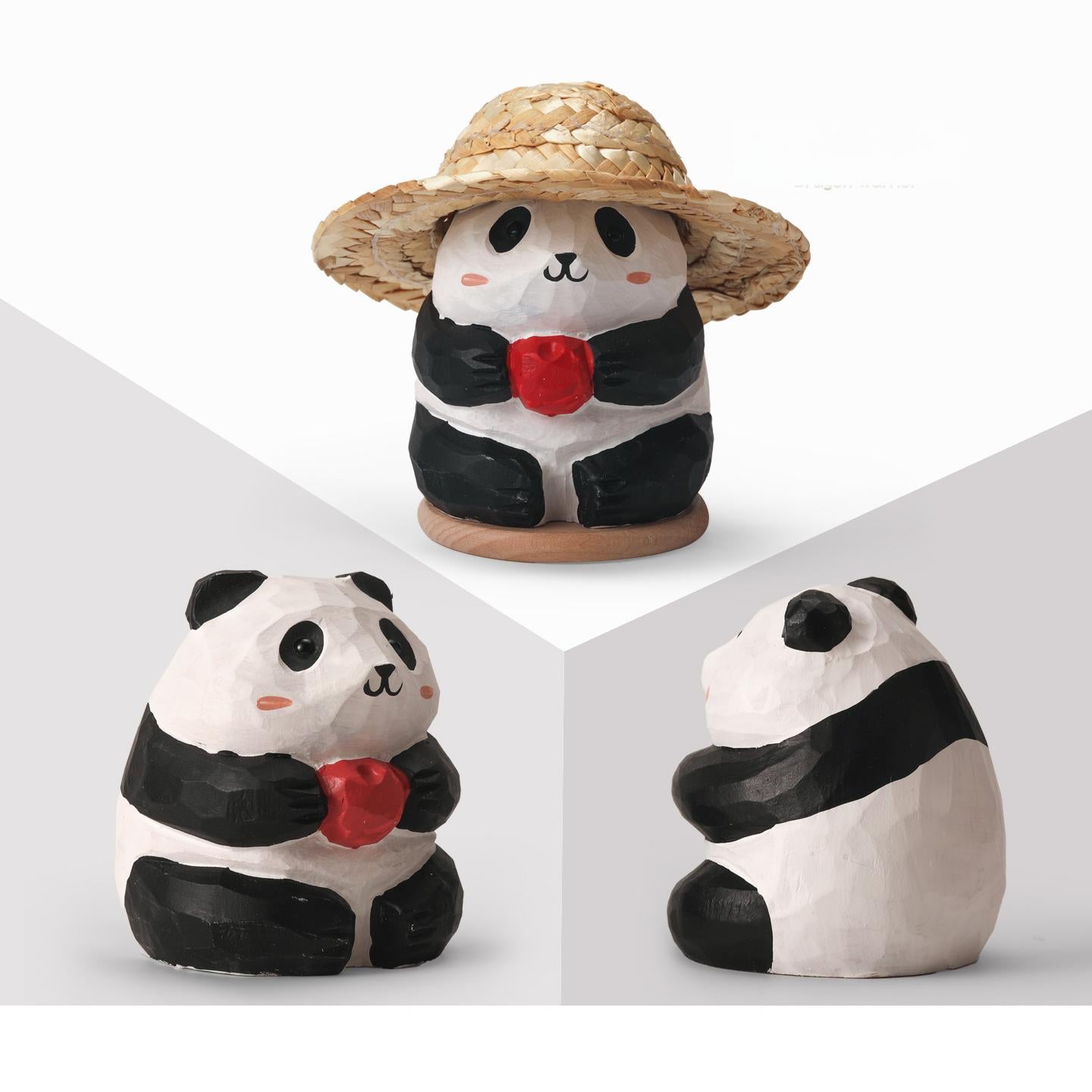 Panda Wood Sculpture with Straw Hat - Handcrafted Desktop Ornament with Custom Base