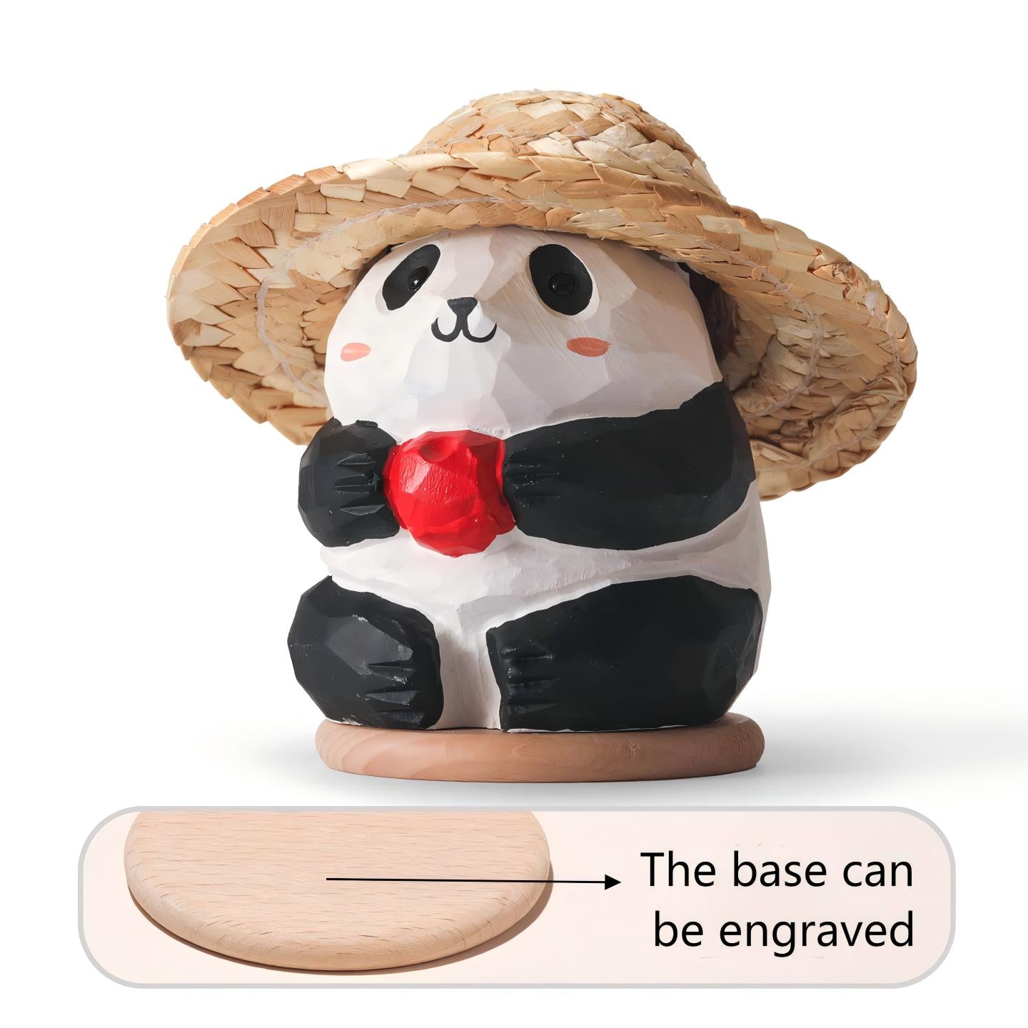 Panda Wood Sculpture with Straw Hat - Handcrafted Desktop Ornament with Custom Base