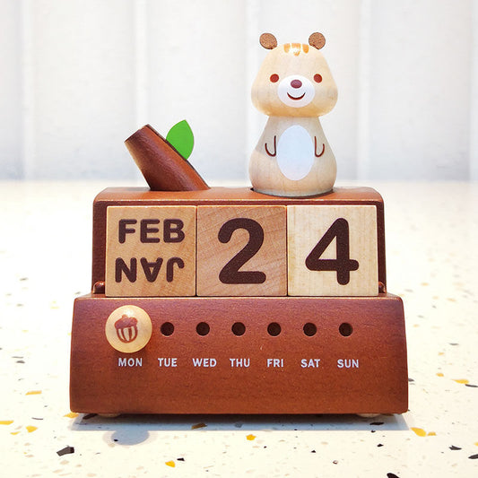 Perpetual Calendar Music Box | Hand-Crank Wooden Ornament | Piano Bird Squirrel Gift