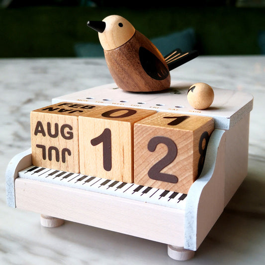 Perpetual Calendar Music Box | Hand-Crank Wooden Ornament | Piano Bird Squirrel Gift