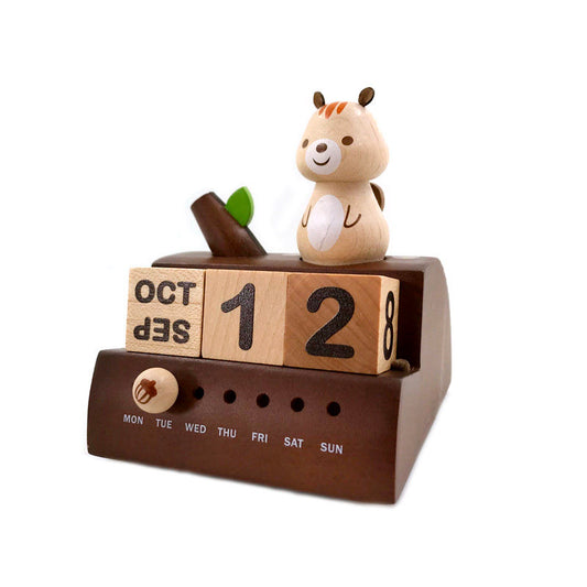 Perpetual Calendar Music Box | Hand-Crank Wooden Ornament | Piano Bird Squirrel Gift